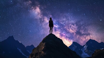 Fototapeta premium Space with Milky Way, girl and mountains. Silhouette of standing woman on the mountain peak, mountains and starry sky at night in Nepal. Sky with stars. Trekking. Night landscape with bright milky way