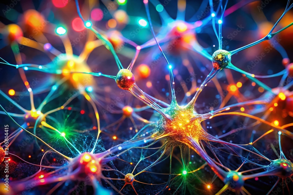 Poster glowing synapse network: abstract neural communication in motion, tilt-shift miniature