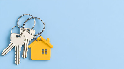 Keys with house-shaped keychain on blue background, for real estate or property sale
