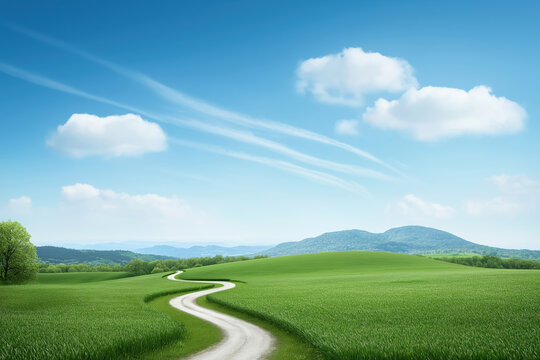 Serene winding road through lush greenery under a clear blue sky near rolling hills