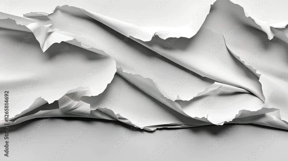 Poster torn white paper creates an abstract textured background with dramatic folds and shadows in soft lig