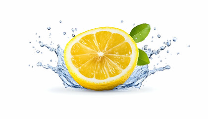 Lemon slice splashing water on white background for advertising fresh drinks