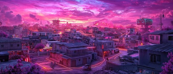 Obraz premium Pink And Purple Cityscape At Sunset