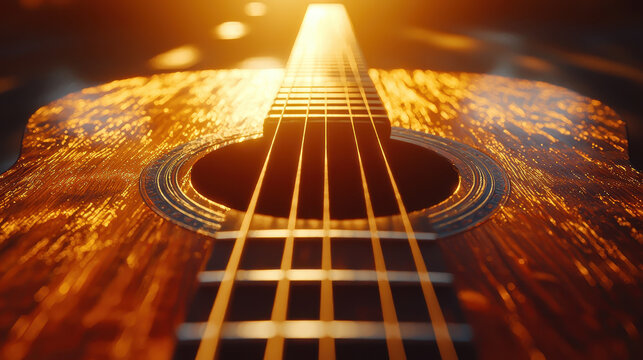 Close-up of vibrating guitar string showcasing musical resonance and wood grain details