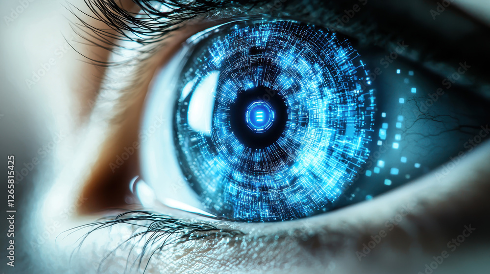 Aufkleber close-up view of a human iris enhanced with digital interface for biometric security