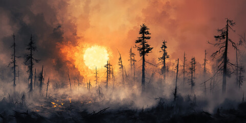 Obraz premium Red and orange wildfire night. Aerial view of massive forest fire with burning trees and black smoke.