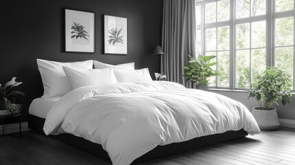 White bedding, modern bedroom, sunlight, plants