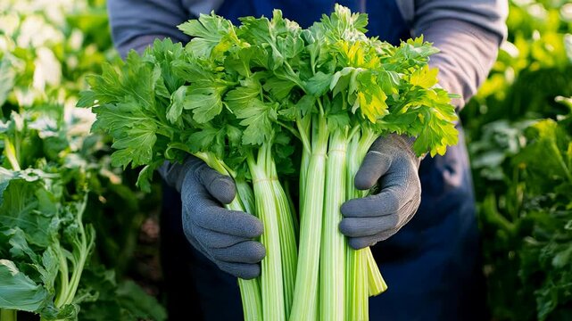 Close up of hands holding a bundle of green celery in a field