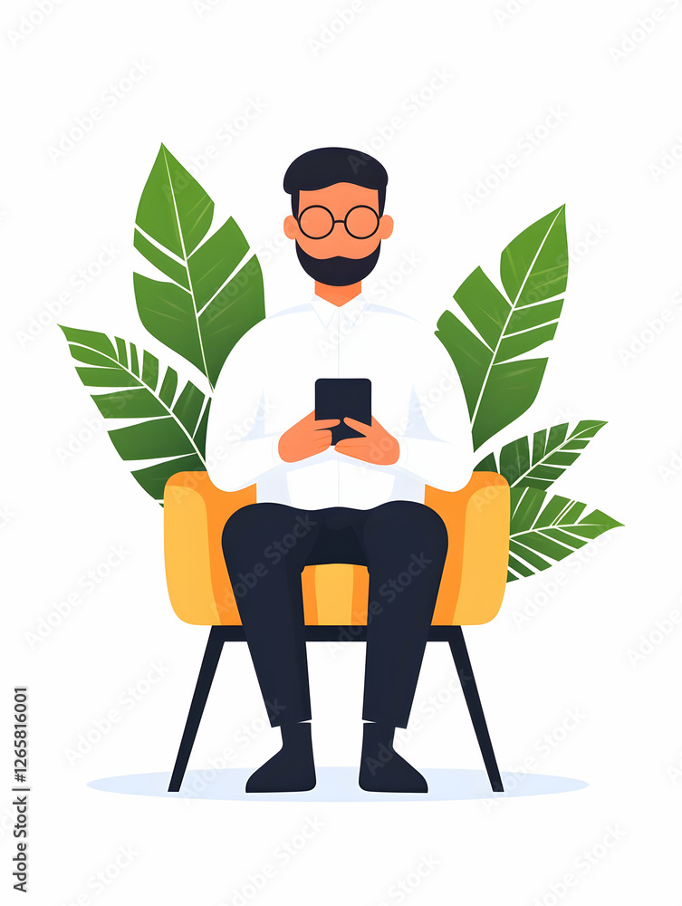 Aufkleber man on chair using a phone. background with plants. can be used for an app