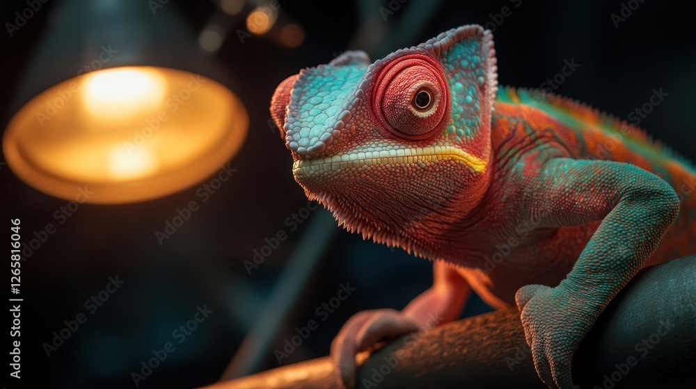 Poster a vibrant chameleon rests on a branch, illuminated by a warm light, showcasing its colorful skin and