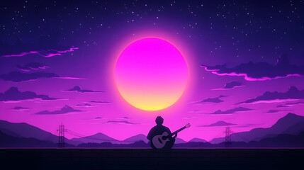 Man plays guitar under starry sky at sunset. Perfect for music, art, or night scene