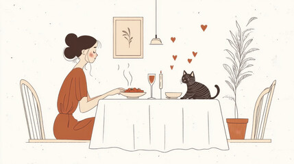 A cozy illustration of a woman dining with her cat, set in a warm, romantic atmosphere with hearts and plants.