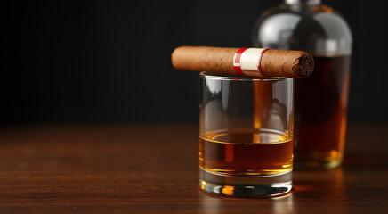 A cigar resting on a glass of whiskey. The scene is set against a dark, wooden background with a bottle of whiskey nearby.