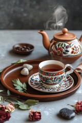 Fototapeta premium Ceramic Tea Time. A ceramic tea set with vibrant colorful patterns represents a peaceful moment of relaxation and luxury with a cup of tea.