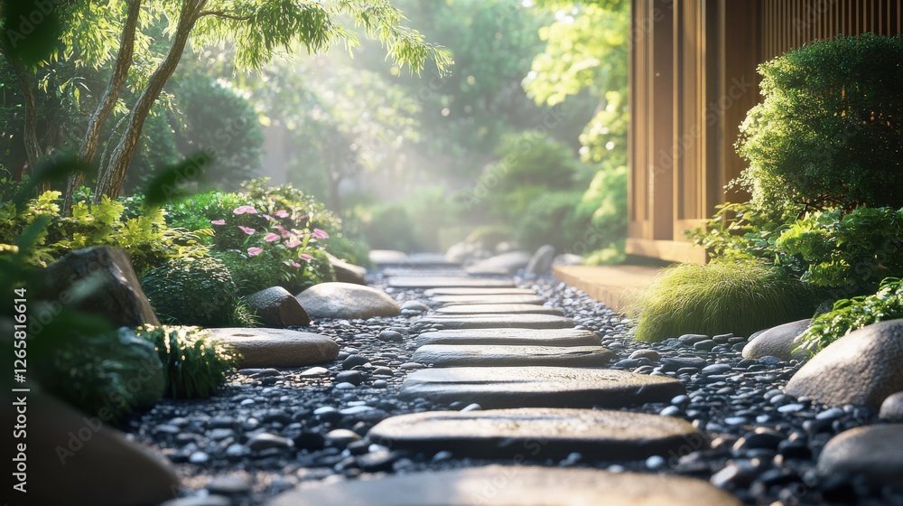 Poster serene botanical pathway through lush garden with round stepping stones and soft light filtering thr