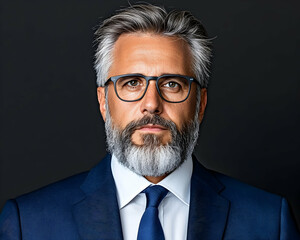 Mature man with gray beard and hair wearing glasses in suit against black backdrop