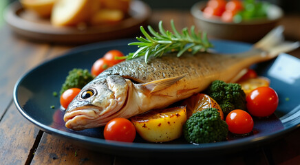 Delicious grilled fish served on a plate with fresh vegetables. The fish is garnished with rosemary and accompanied by cherry tomatoes and broccoli.