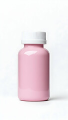 Medicine pink bottle with white lid on light background, pharmacy, health concept