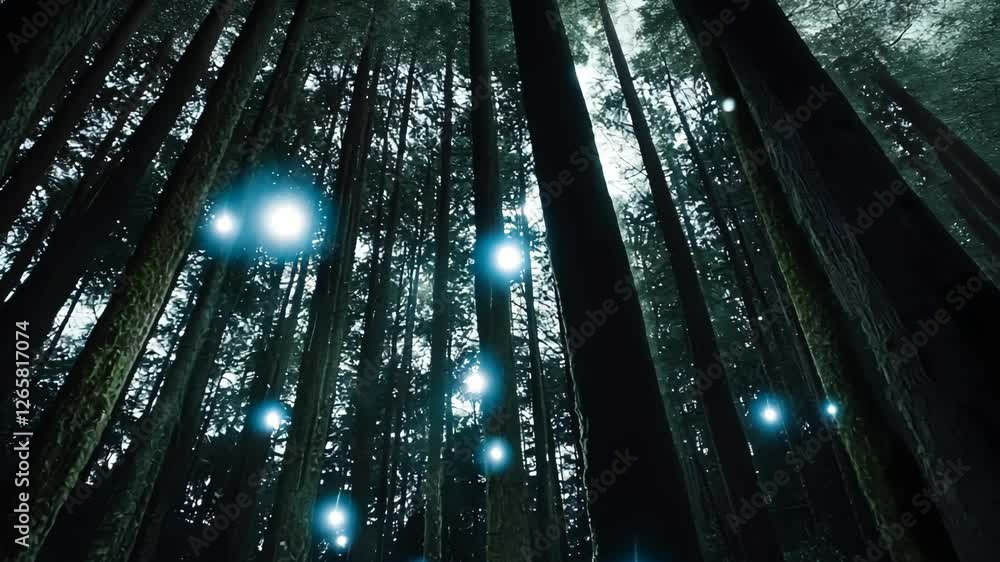 Poster light orbs illuminate a dense forest creating a mystical atmosphere during twilight hours