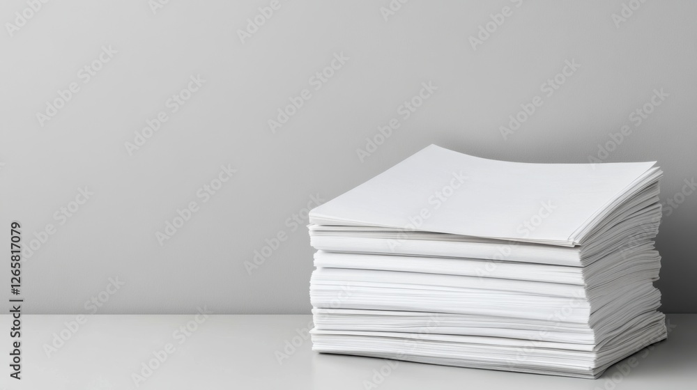 Aufkleber neatly stacked blank papers on a minimalist background with soft gray tones and clean lines