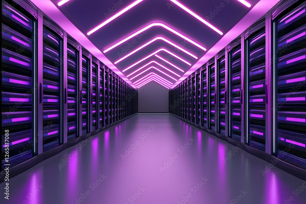 Poster modern data center server racks with pink glowing neon lights for secure data