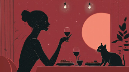 A silhouette of a woman enjoying a glass of wine with a cat, set against a warm, red backdrop and a large glowing moon.