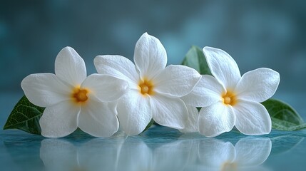 Fototapeta premium White flowers, teal background, reflection, serenity, spa