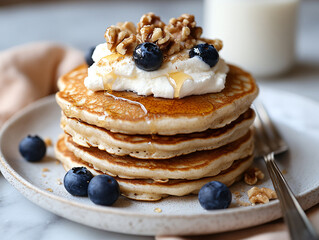  a plate of stack pancakes topped with whipped cream, blueberries, walnuts, and syrup.