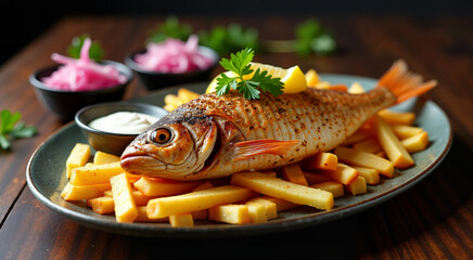 Delicious grilled fish served with golden fries and a side of tartar sauce. A perfect meal for seafood lovers, presented beautifully on a rustic plate.