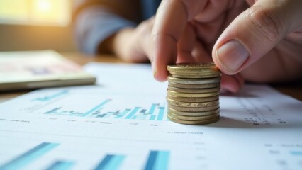 Businessman stacking coins on financial charts analyzing growth