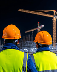 Night construction site, workers observing progress, city skyline