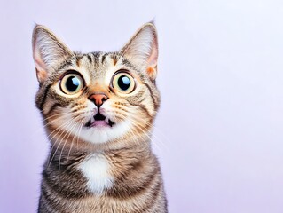 Obraz premium A startled cat with big eyes, gazing in shock against a pastel violet background.
