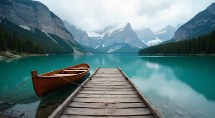A serene mountain lake with a wooden dock and canoe. The backdrop features majestic, snow-capped peaks and dense evergreen forests.