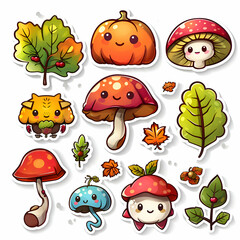 Adorable Autumn Stickers. Cute Mushrooms. Pumpkins and Fall Leaves