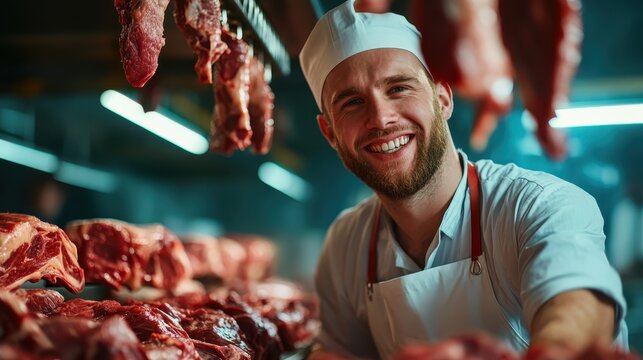 A professional butcher smiles warmly while preparing succulent cuts of meat in a well-lit market, showcasing expertise and passion for quality in butchery. - Powered by Adobe