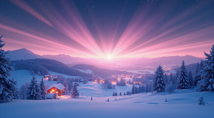 Magical winter landscape with sunrise over snowy mountains and a cozy village. The scene is bathed in the soft, warm glow of dawn, creating a serene atmosphere.