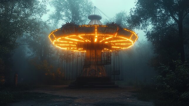 A glowing, abandoned carnival ride in a dark, overgrown park, eerie and creepy