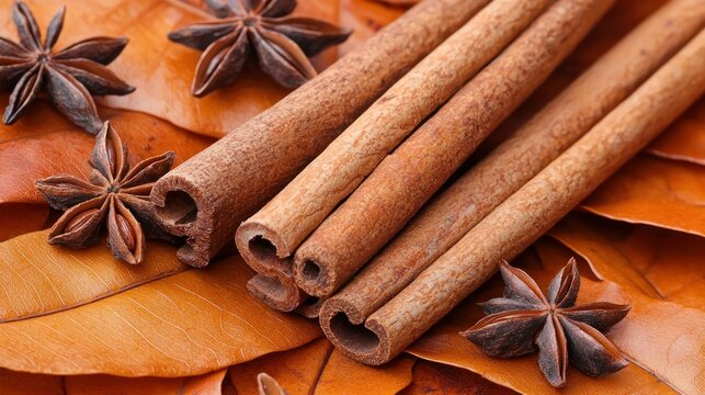 Cinnamon sticks and star anise on autumn leaves for food or spice background - Powered by Adobe