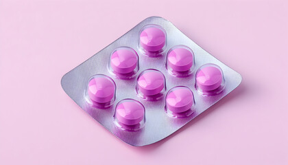 Pink pills in blister pack on pink surface suggest medication, treatment, wellness