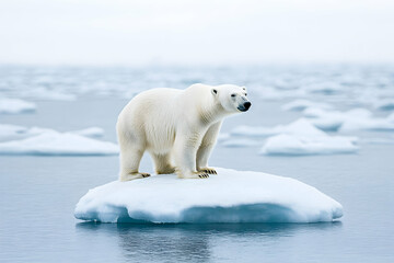 Polar bear on ice floe, solitary, vulnerable, in ocean. Climate change