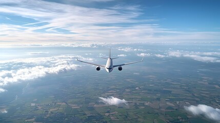 Fototapeta premium Airplane Flying Above the Clouds and Green Fields