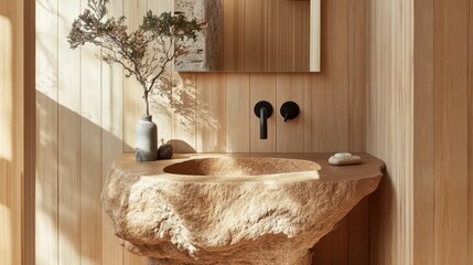 Interior bathroom design featuring stone sink and wooden paneling