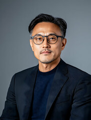 Obraz premium Portrait of Asian man wearing eyeglasses in a dark suit for a professional image