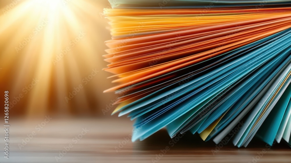 Poster this image features a close-up of a vibrant stack of colorful paper sheets arranged in a fanned-out 