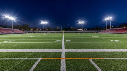 Obraz premium Nighttime football field under bright lights, showcasing the game's energy and focus.