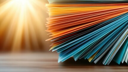 This image features a close-up of a vibrant stack of colorful paper sheets arranged in a fanned-out position, illuminated by warm sunlight, showcasing their textures.