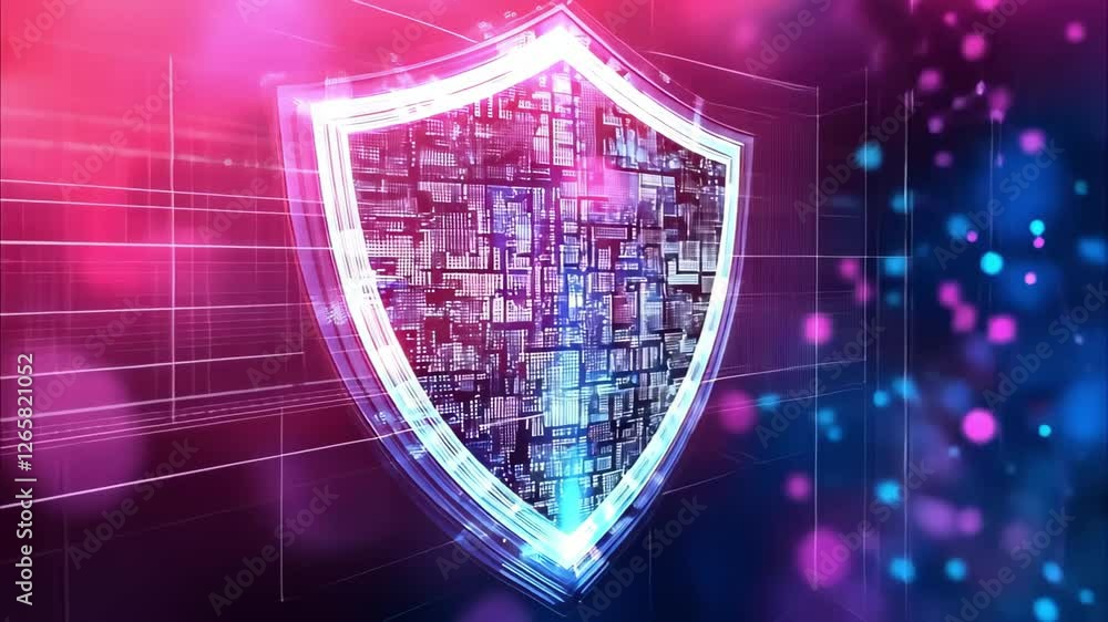 Poster a digital shield symbol represents cybersecurity, with a colorful background featuring lights and pa