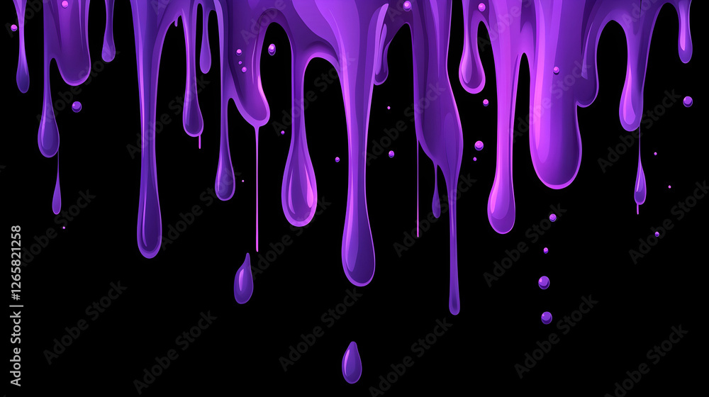 Poster purple paint drips down isolated on black background for design element use