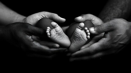 Two hands holding baby's feet on black backdrop, for family or birth themes