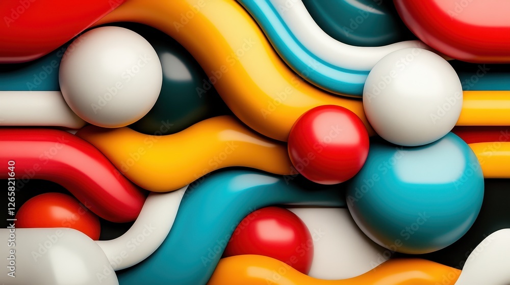 Poster this vibrant abstract image features smooth, colorful wave patterns and glossy spheres, creating a s